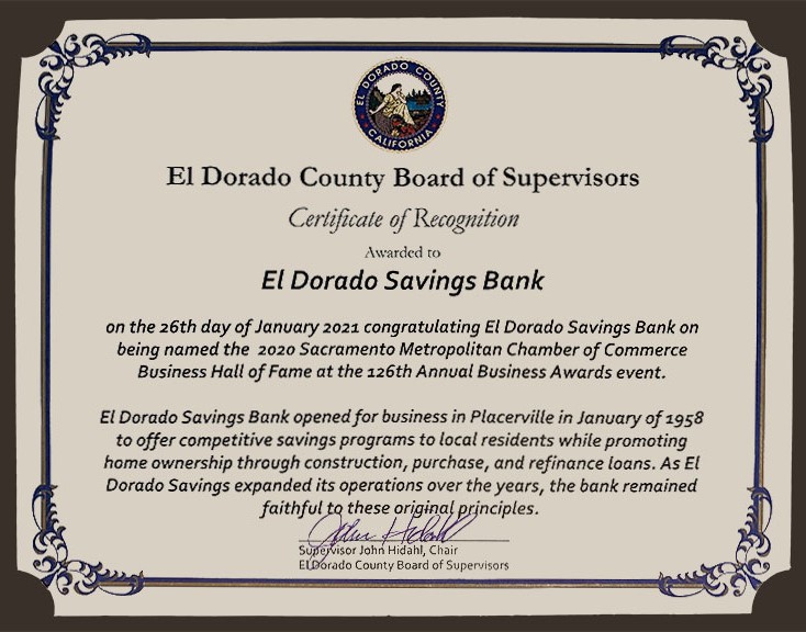 El Dorado County Board of Supervisors Certificate of Recognition